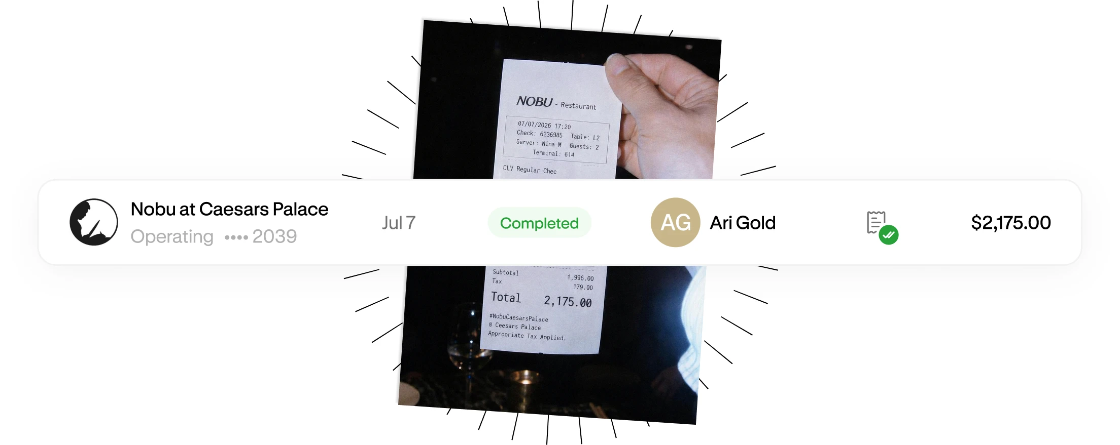 A Nobu restaurant receipt automatically matched to a completed $2,175.00 Altitude Card transaction from Ari Gold