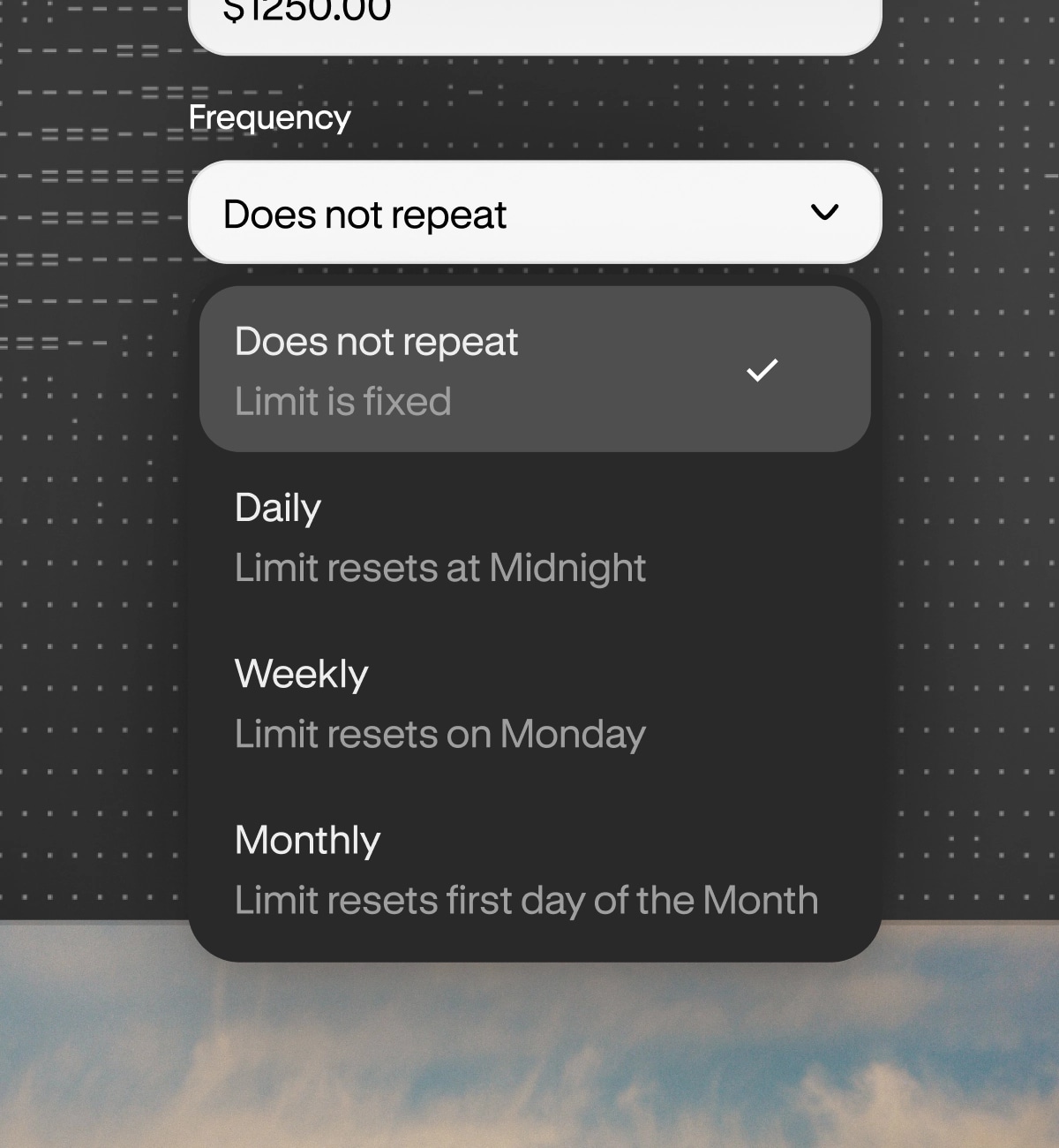 Limit frequency dropdown open over a card, with options for does not repeat, daily, weekly, and monthly resets