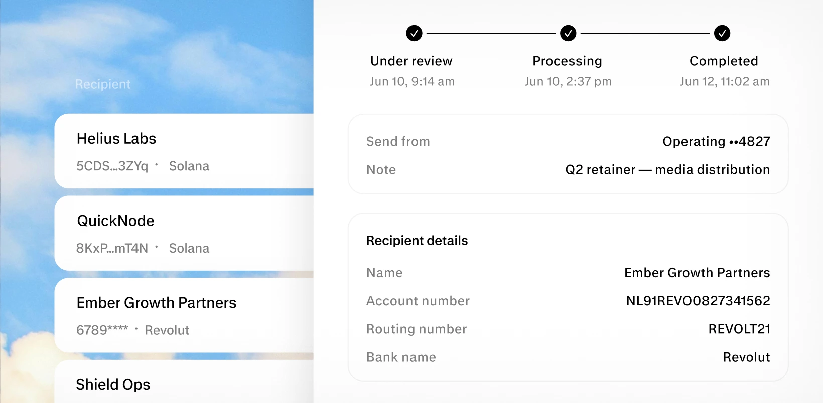Payment detail with a timeline from under review to completed, alongside recipient details