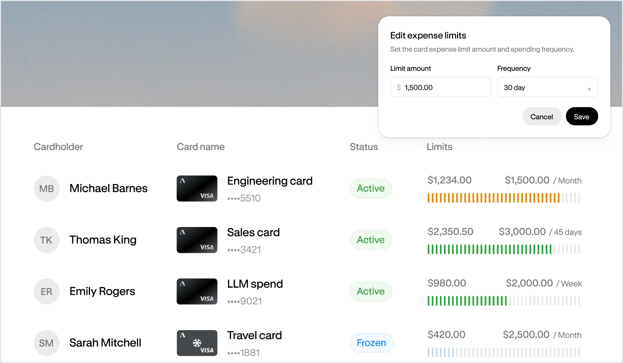 Altitude card list with cardholders, card names, status, and spend limits, and a form to edit a card's limit