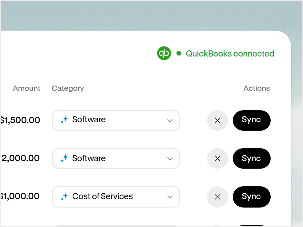 Altitude transactions with amounts and suggested accounting categories, synced to QuickBooks