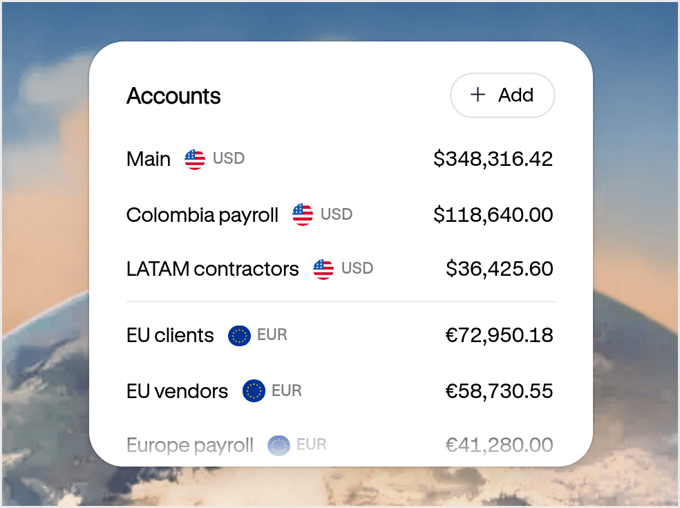 Altitude USD and EUR accounts for main, contractors, clients, vendors, and payroll, each with its balance