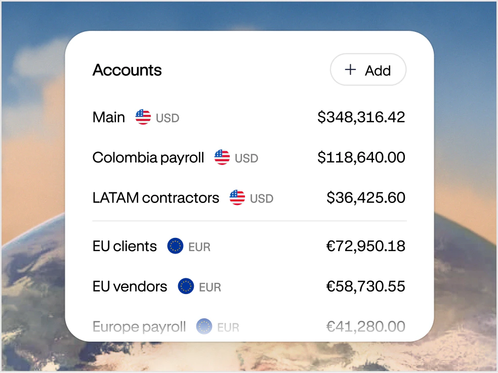 Altitude USD and EUR accounts for main, contractors, clients, vendors, and payroll, each with its balance