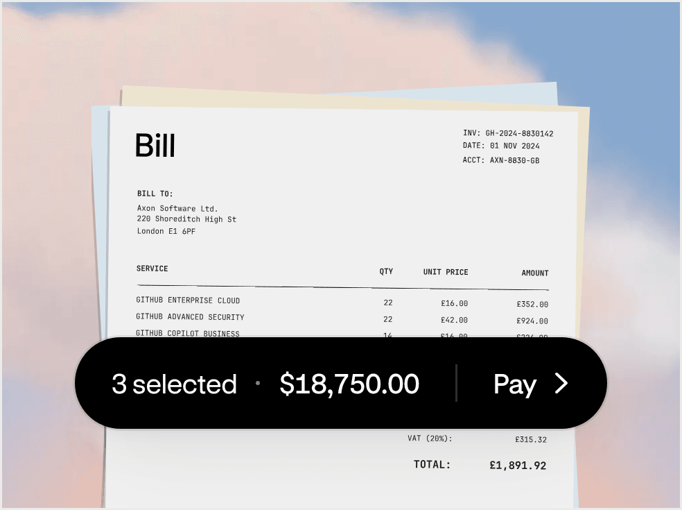Altitude bill pay with a vendor bill and three bills selected to pay, $18,750.00 in total