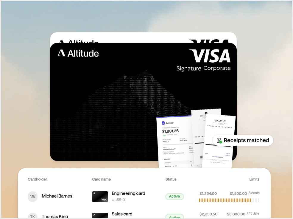 Altitude corporate cards with cardholders, spend limits, and status, and receipts matched to card transactions