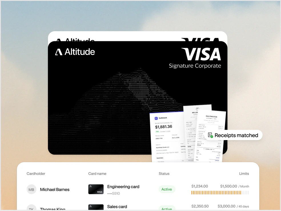 Altitude corporate cards with cardholders, spend limits, and status, and receipts matched to card transactions