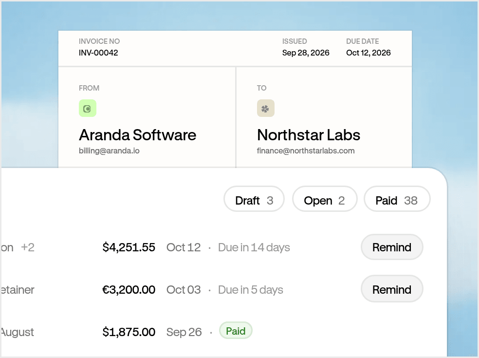 Altitude invoicing list with open and paid customer invoices in USD and EUR