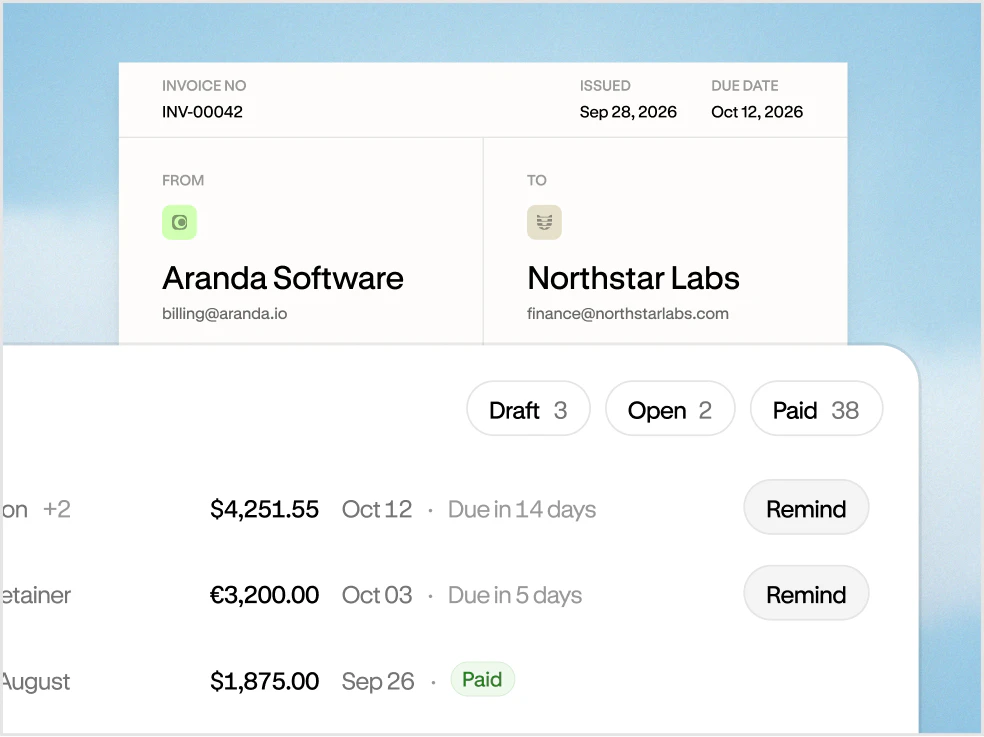 Altitude invoicing list with open and paid customer invoices in USD and EUR
