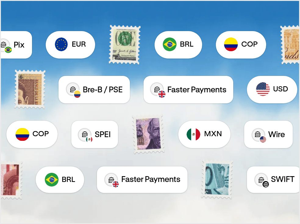 Payment methods in Altitude by currency, including ACH, wire, SEPA, SWIFT, SPEI, Pix, Bre-B, and Faster Payments