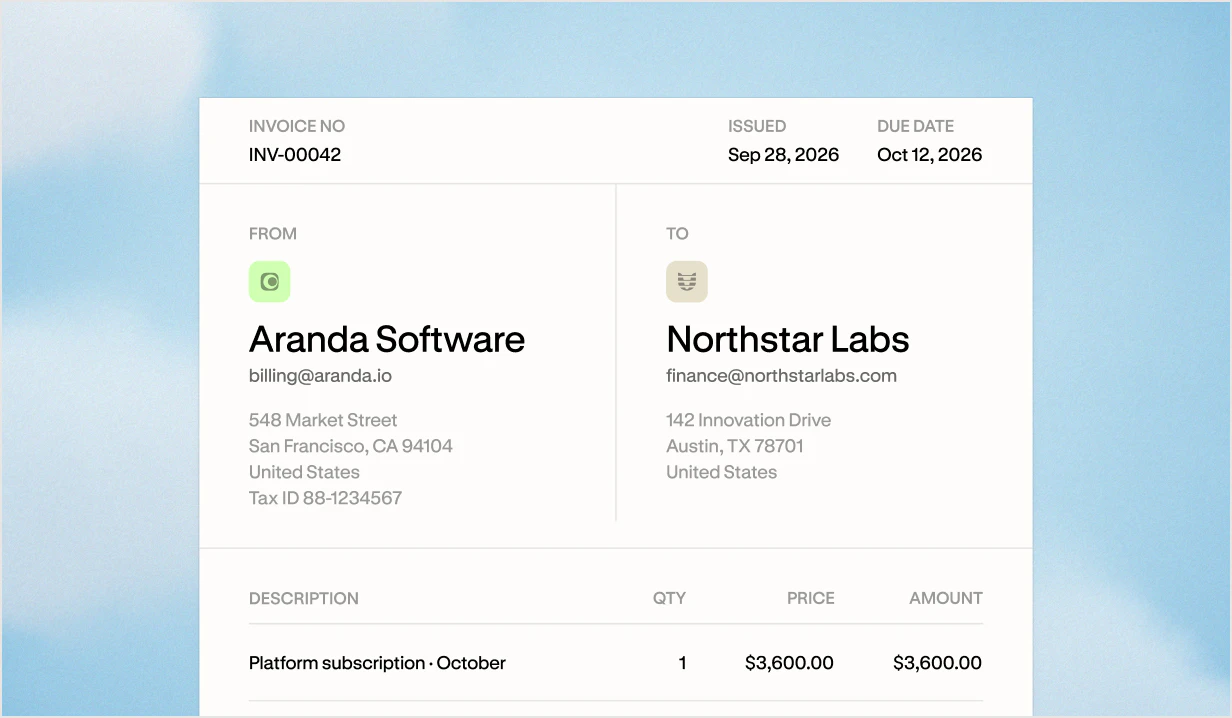 Altitude invoice showing the sender's logo, business details, and tax ID, the customer's billing details, and line items