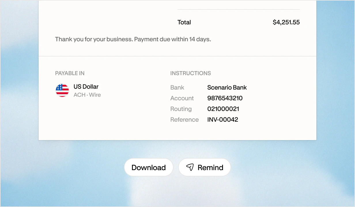 Invoice payment instructions for ACH and wire in USD, with buttons to download the invoice or send a reminder