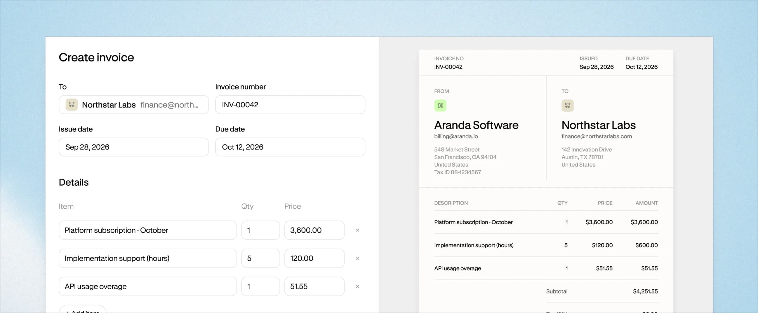 Create invoice form in Altitude with the customer, dates, and line items, next to a live invoice preview