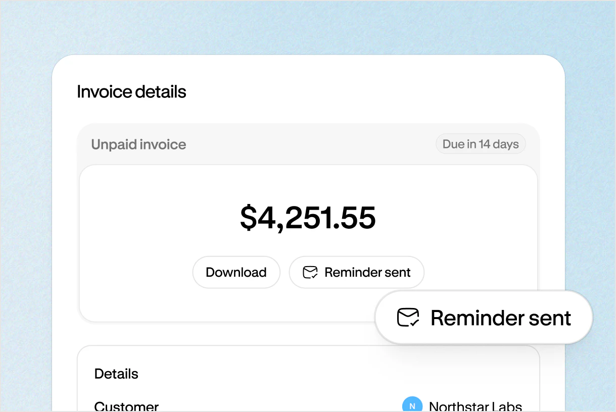 Unpaid invoice in Altitude with a confirmation that a reminder was sent