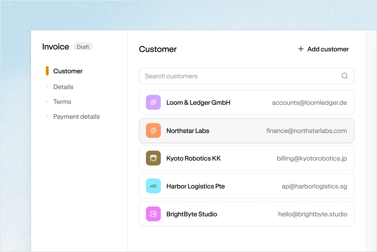 Customer list in Altitude with billing emails, a search bar, and an Add customer button