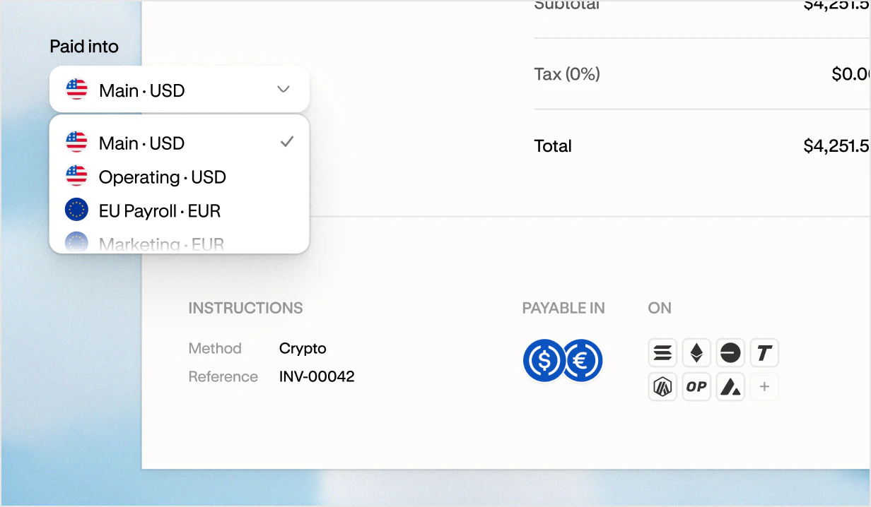 Invoice settings to choose the Altitude account that gets paid, with USDC and EURC payment on supported networks
