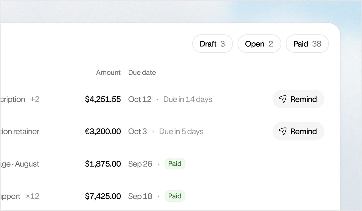 Invoice list in Altitude with Draft, Open, and Paid tabs, due dates, and Remind buttons on open invoices