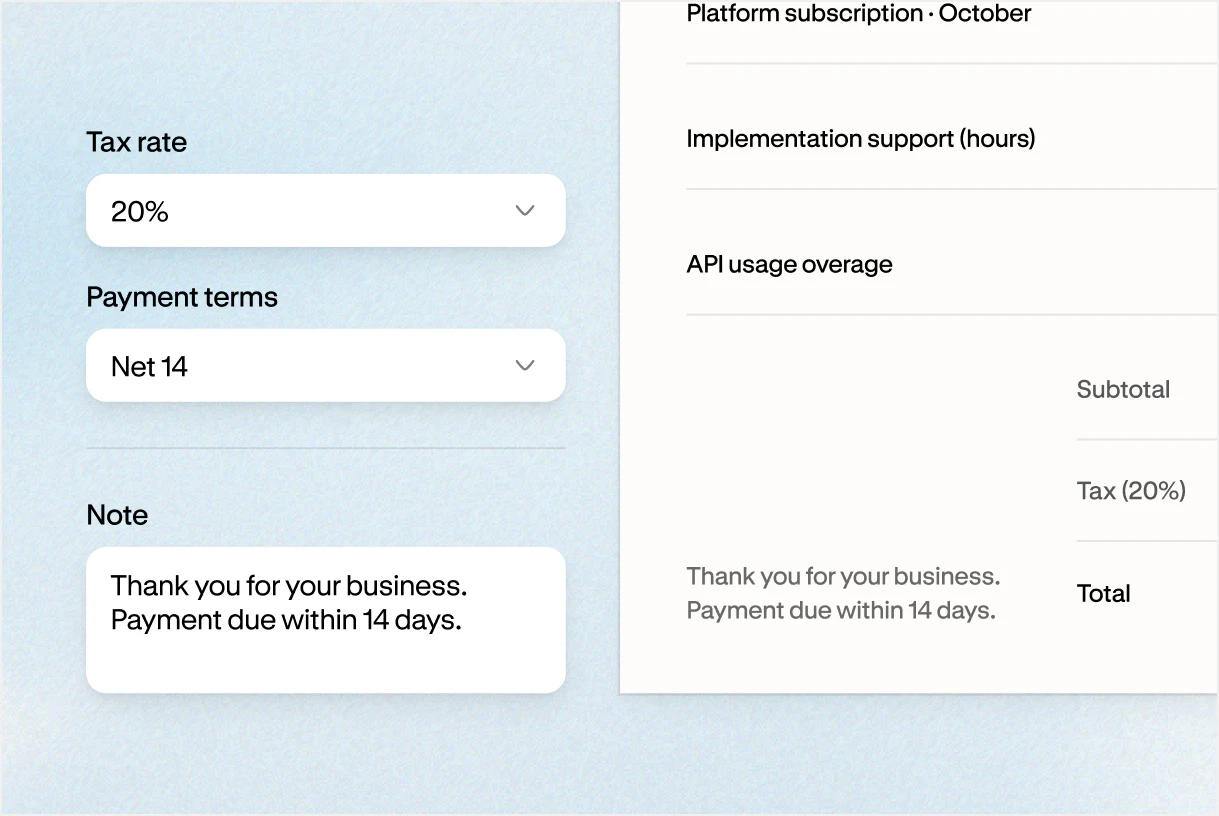 Invoice settings in Altitude with a 20% tax rate, Net 14 payment terms, and a note to the customer