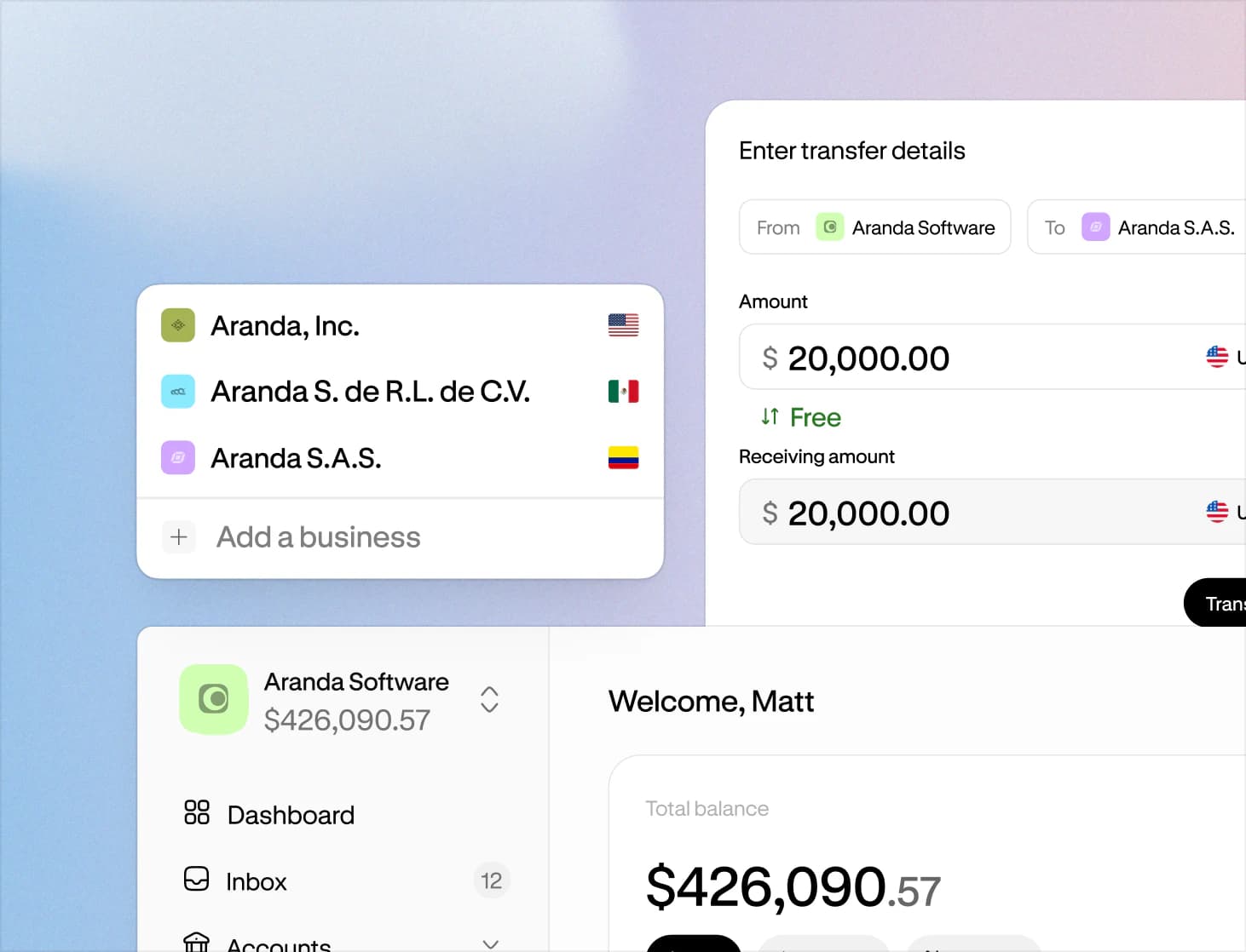 Altitude workspace switcher with companies in the US, Mexico, and Colombia, a transfer between two of them, and a total balance