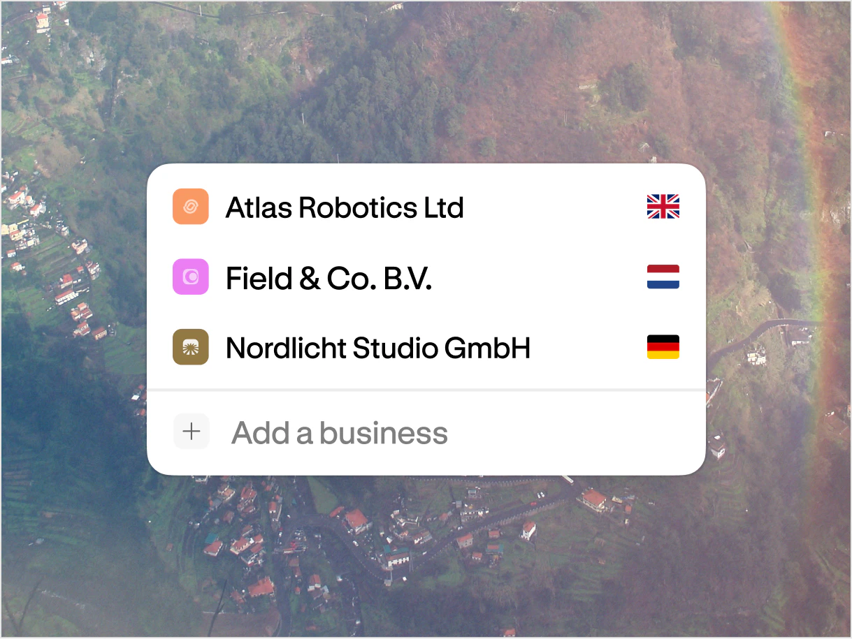 Altitude workspace switcher listing three businesses in the UK, the Netherlands, and Germany, with an option to add another