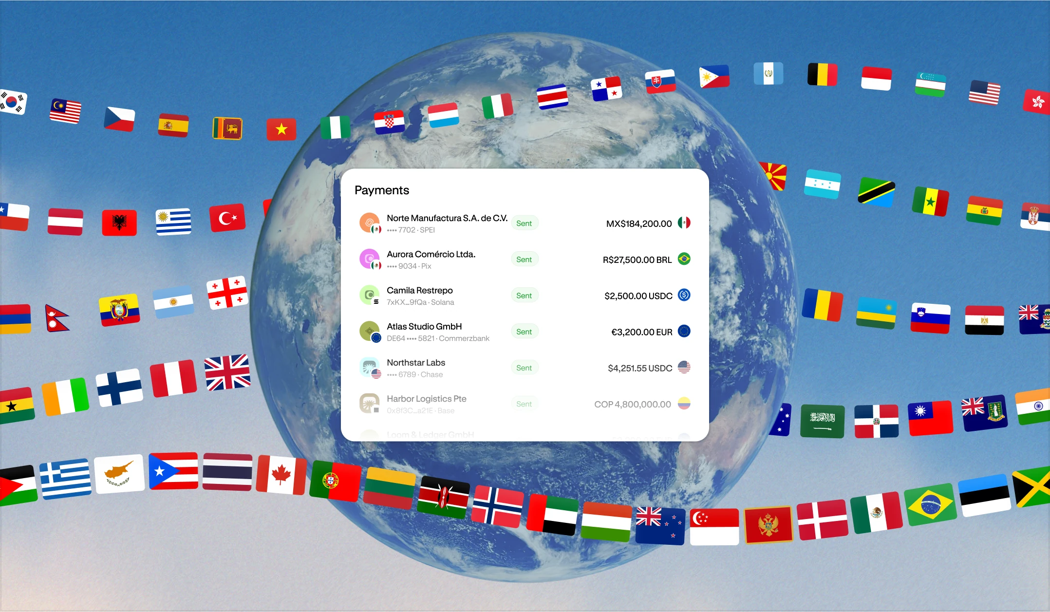 Altitude payments list with business FX payments sent in Mexican pesos, Brazilian reais, euros, Colombian pesos, and USDC, on a globe ringed by country flags