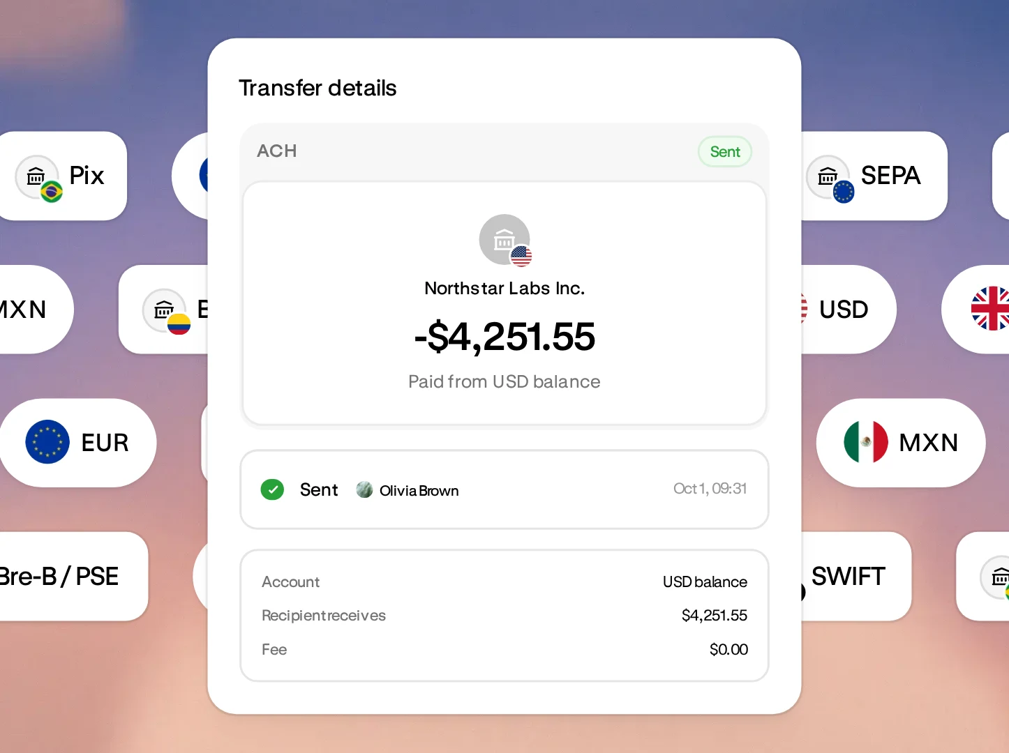 Altitude transfer details for a bill paid to Northstar Labs Inc. by ACH from the USD balance, over payment-rail and currency chips