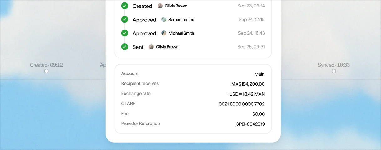 Payment audit trail in Altitude showing who created, approved, and sent a payment, with timestamps