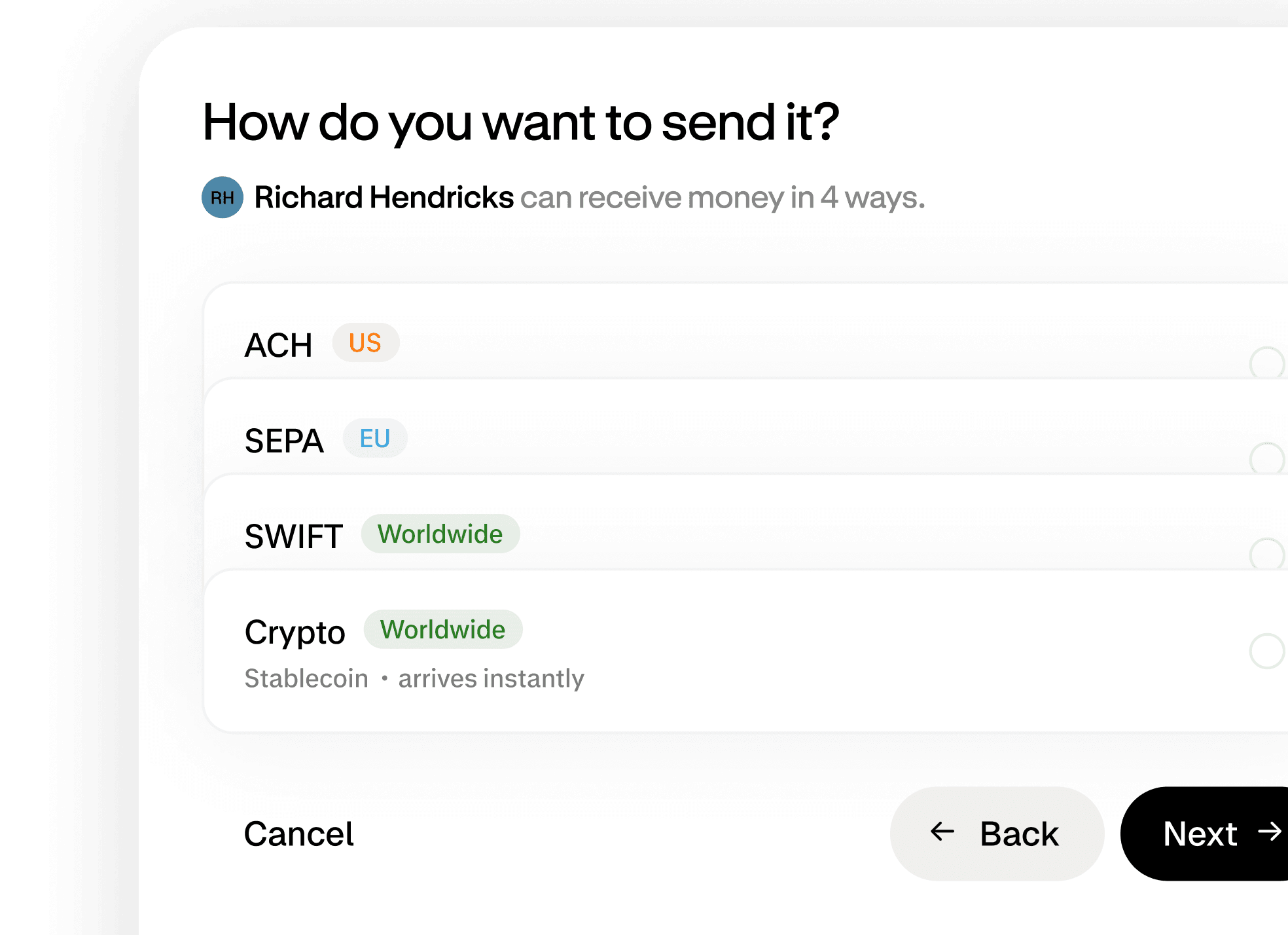 Altitude transfer flow with ACH, SEPA, SWIFT, and crypto payment options