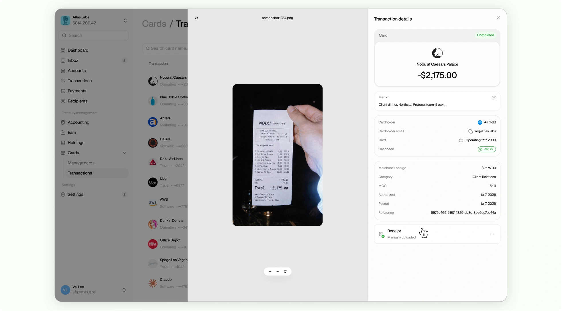 Receipt matched to an Altitude Card transaction