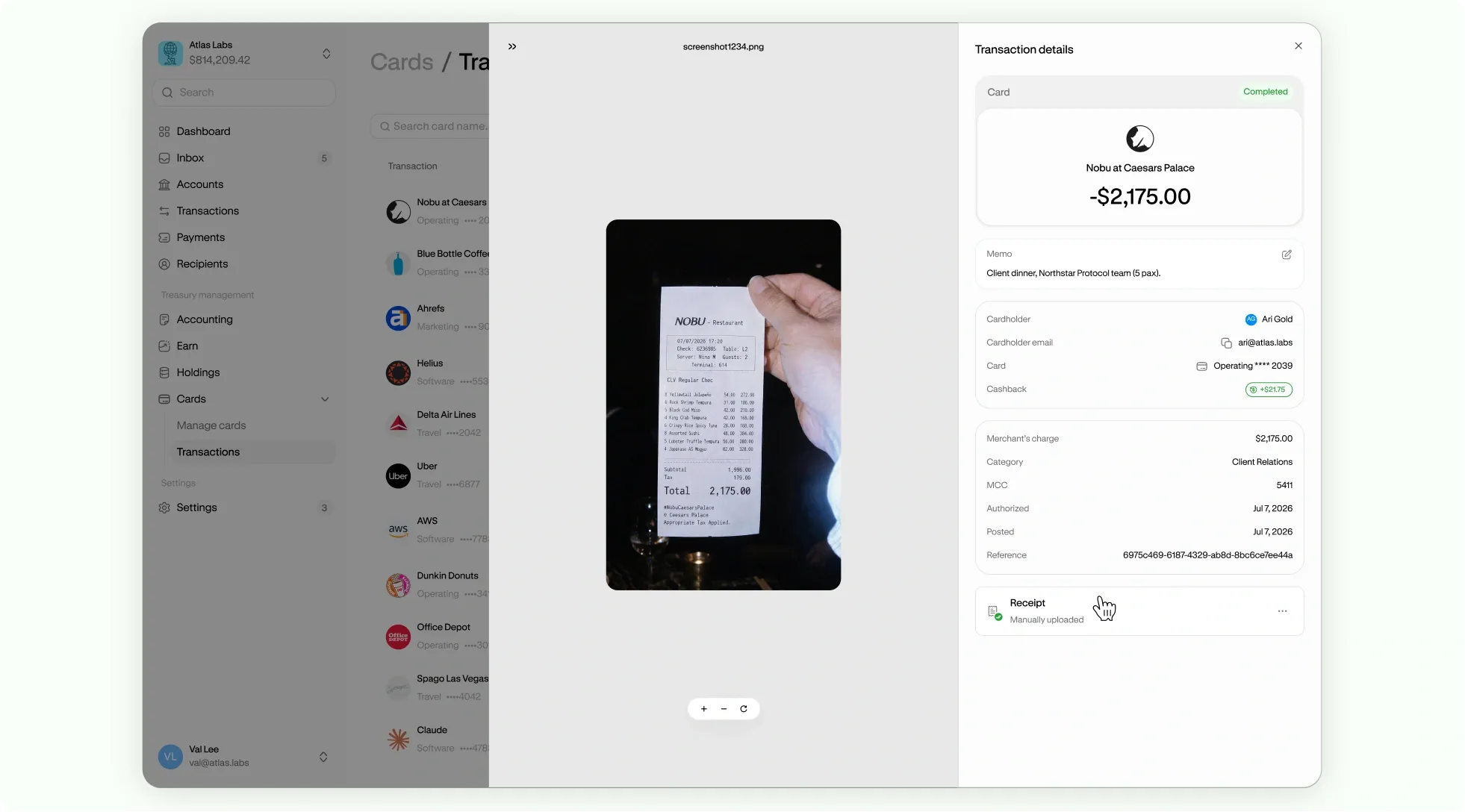 Receipt matched to an Altitude Card transaction