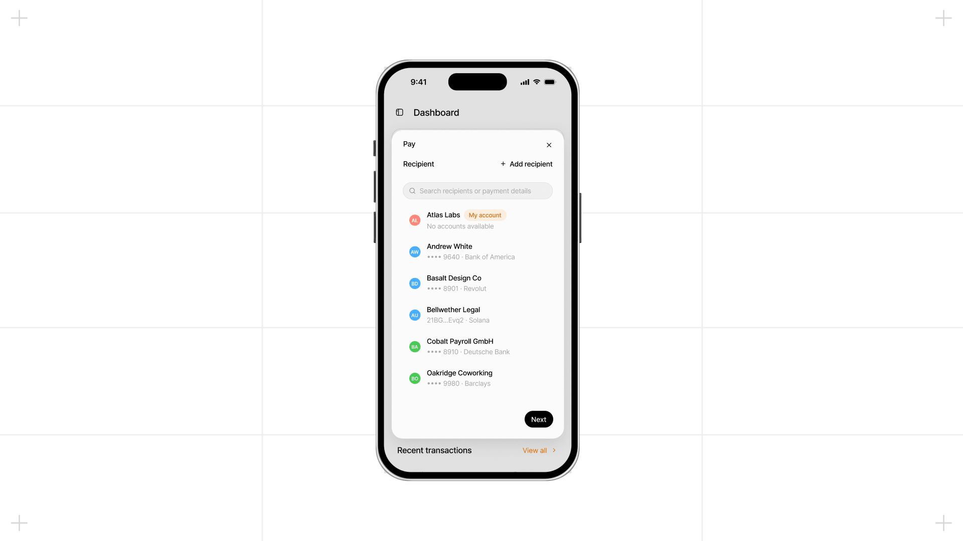 Pay flow in Altitude on a phone browser, showing a searchable list of saved recipients