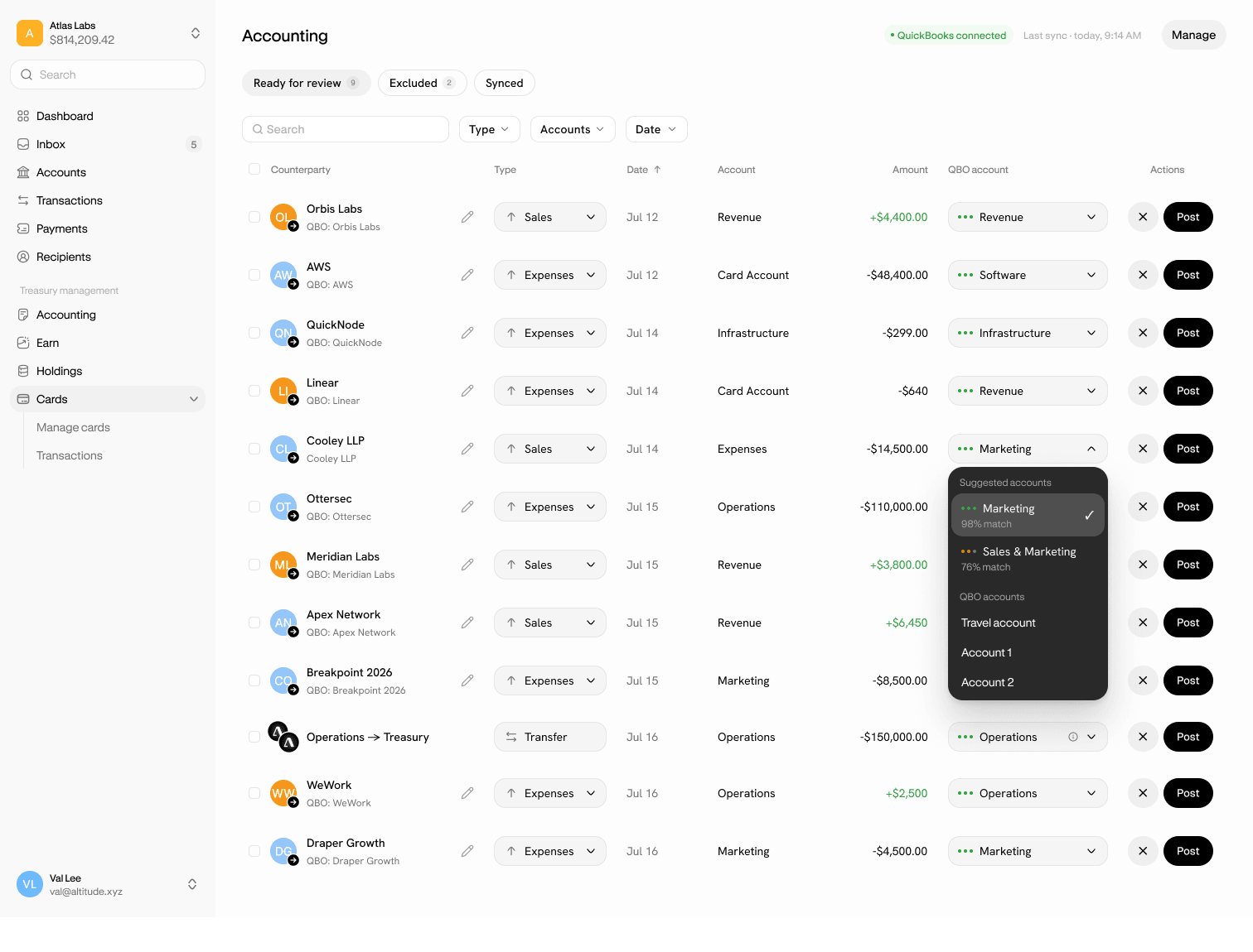 Altitude's Accounting page, with QuickBooks connected and 9 transactions ready for review. Each row shows the counterparty, type, date, account, amount and a QBO account dropdown, plus a Post button. On the Breakpoint 2026 row, an open dropdown suggests Marketing as a 98% match and Sales & Marketing as a 76% match.