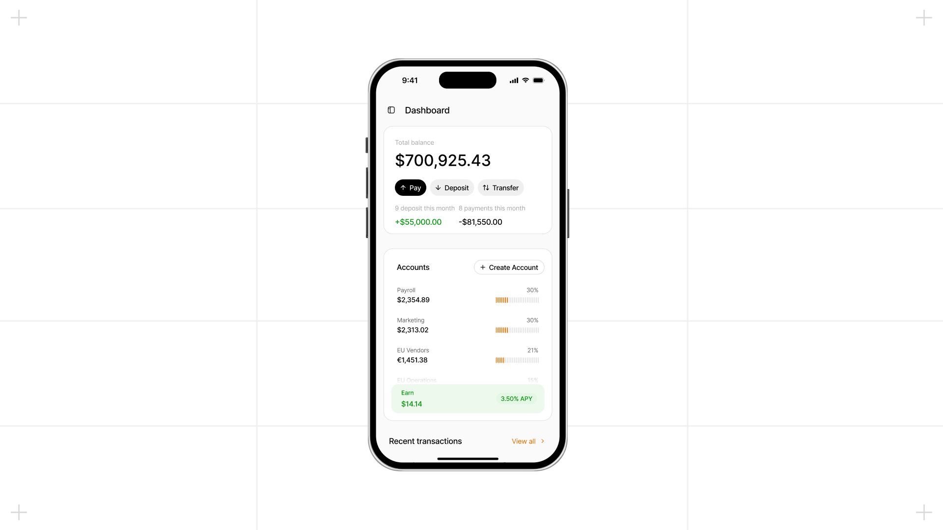 Altitude dashboard in a phone browser showing total balance, Pay, Deposit and Transfer buttons, and account balances