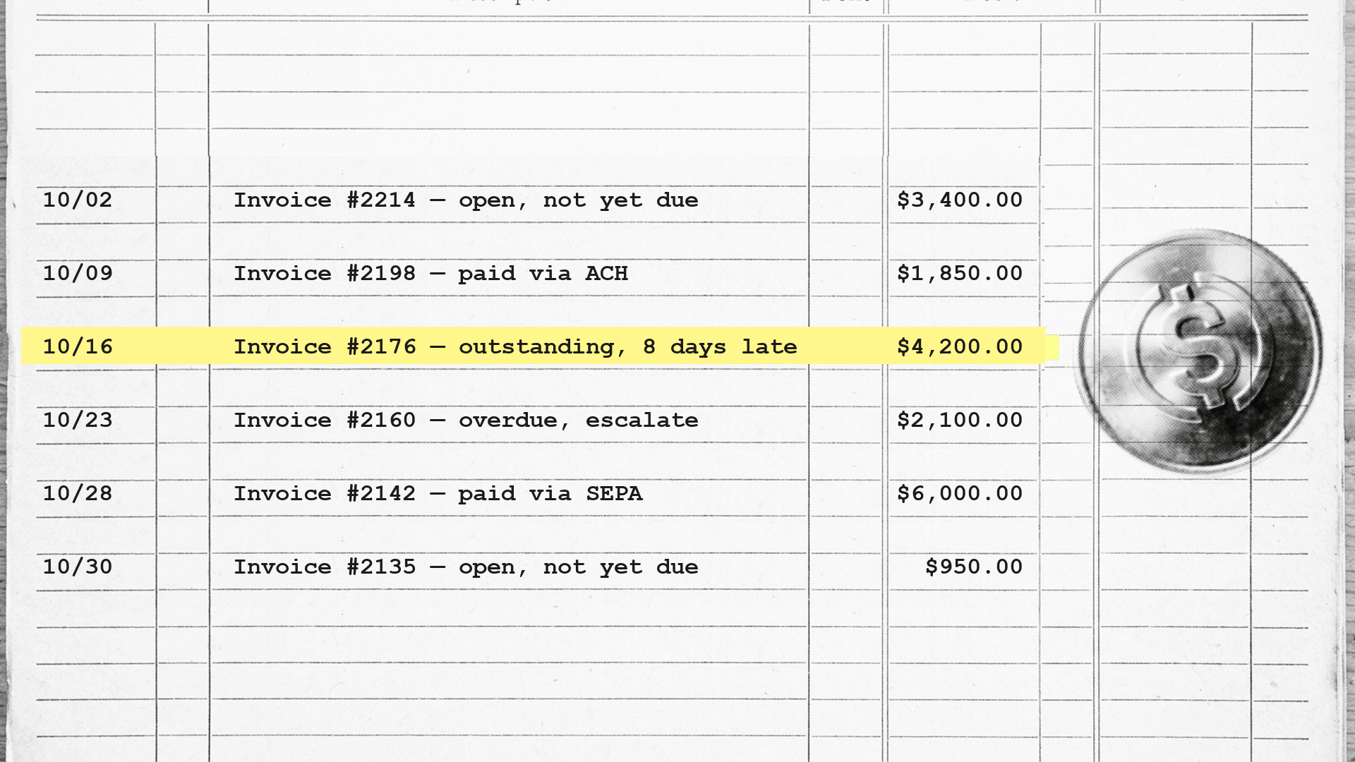 A ledger with invoice entries, highlighting an outstanding $4,200.00 invoice, next to a coin with a dollar sign.