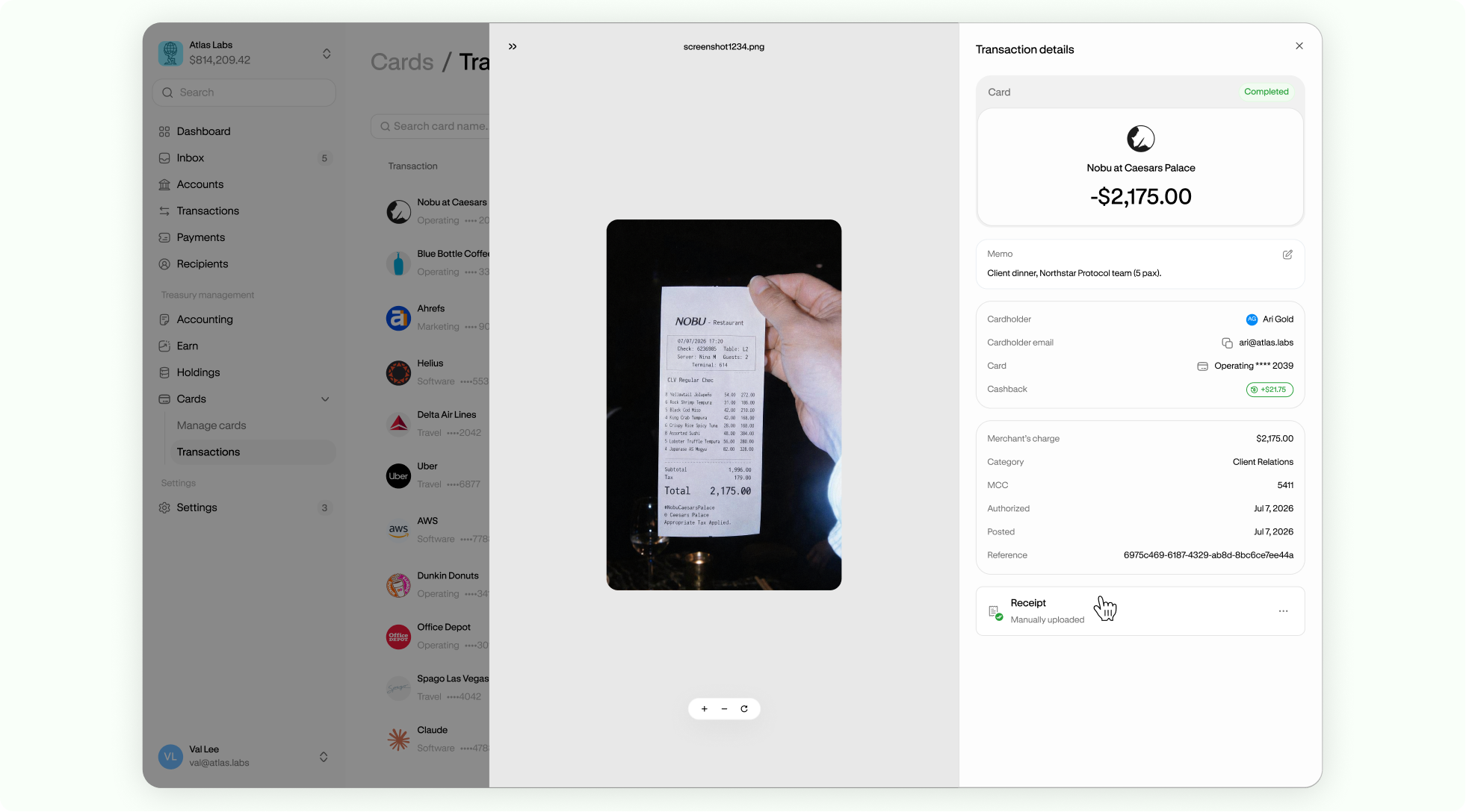 Receipt matched to an Altitude Card transaction